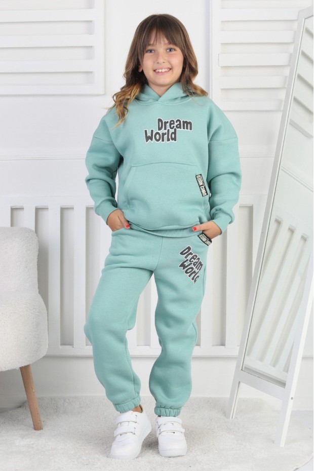 Şardonlu 3 İplik Baskılı Kapşonlu Kız Çocuk Takım