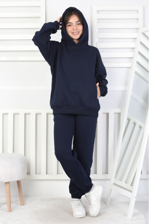 Şardonlu 3 İplik Baskılı Kapşonlu Kız Çocuk Takım