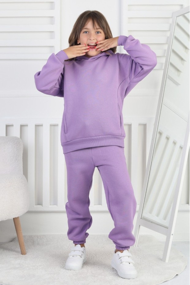 Şardonlu 3 İplik Baskılı Kapşonlu Kız Çocuk Takım