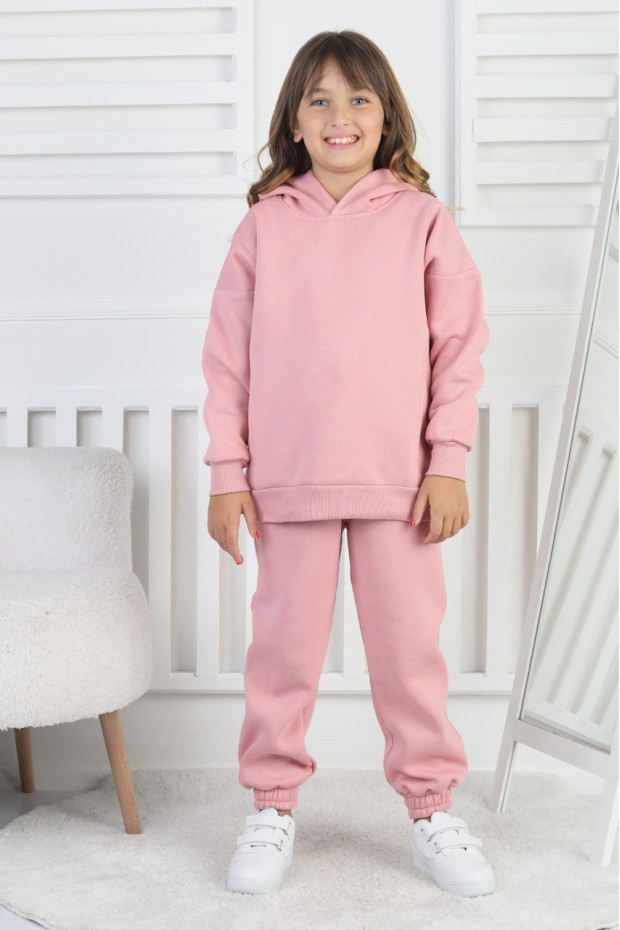 Şardonlu 3 İplik Baskılı Kapşonlu Kız Çocuk Takım