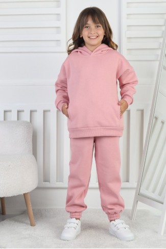 Şardonlu 3 İplik Baskılı Kapşonlu Kız Çocuk Takım