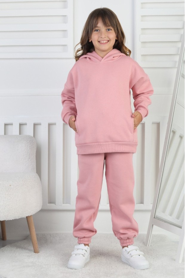 Şardonlu 3 İplik Baskılı Kapşonlu Kız Çocuk Takım