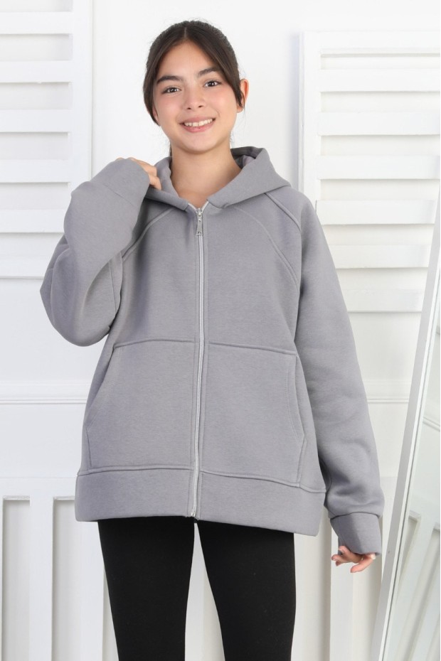 Üç İplik Şardonlu Kapşonlu Kız Çocuk Sweatshirt