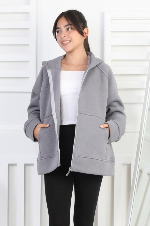 Üç İplik Şardonlu Kapşonlu Kız Çocuk Sweatshirt