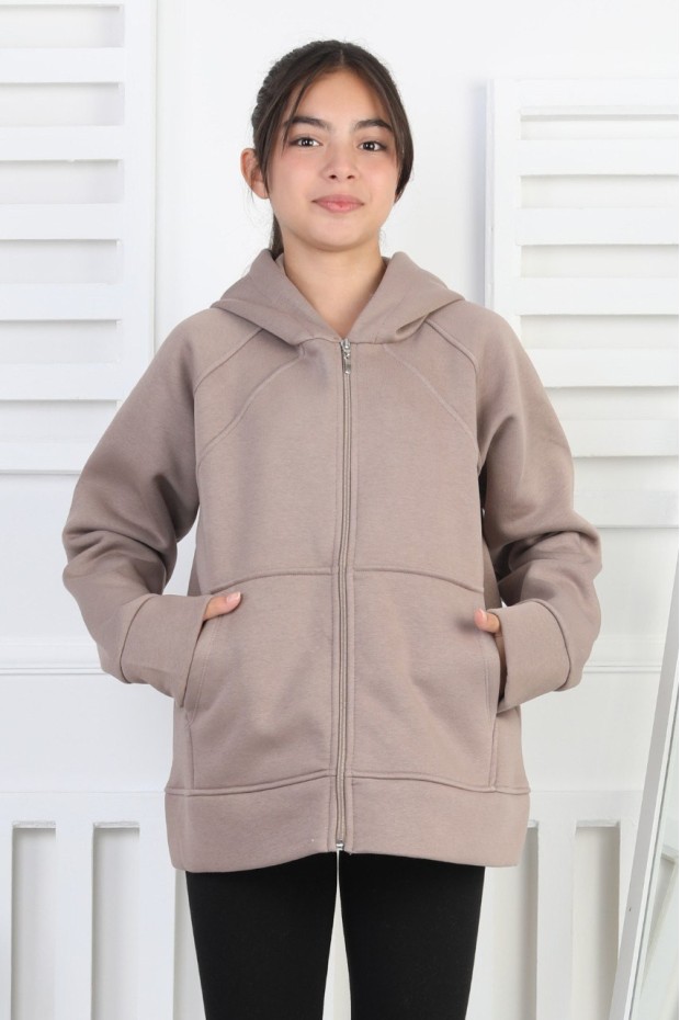 Üç İplik Şardonlu Kapşonlu Kız Çocuk Sweatshirt