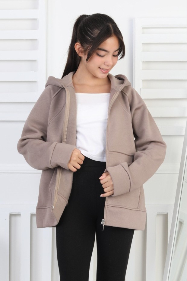 Üç İplik Şardonlu Kapşonlu Kız Çocuk Sweatshirt