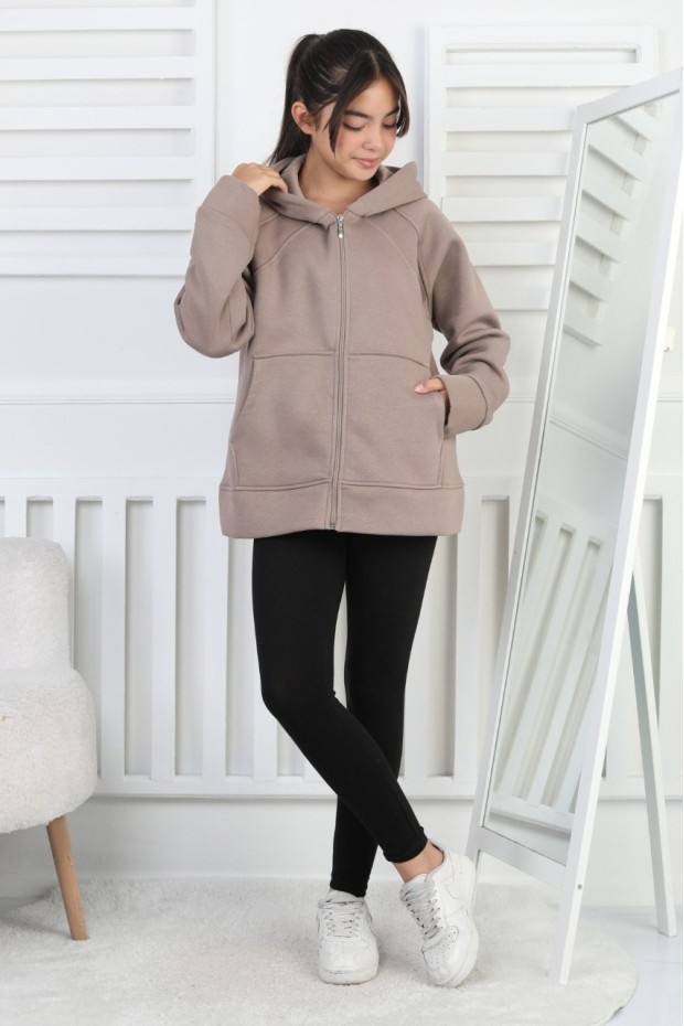 Üç İplik Şardonlu Kapşonlu Kız Çocuk Sweatshirt