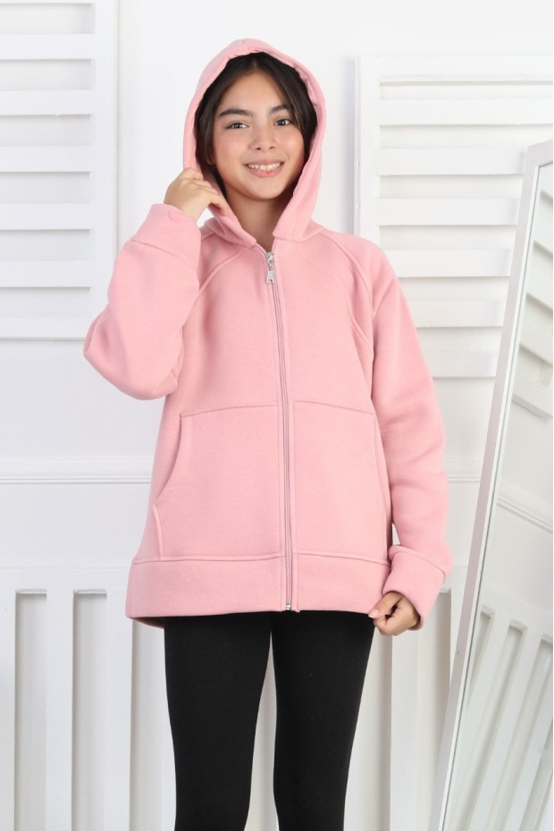 Üç İplik Şardonlu Kapşonlu Kız Çocuk Sweatshirt