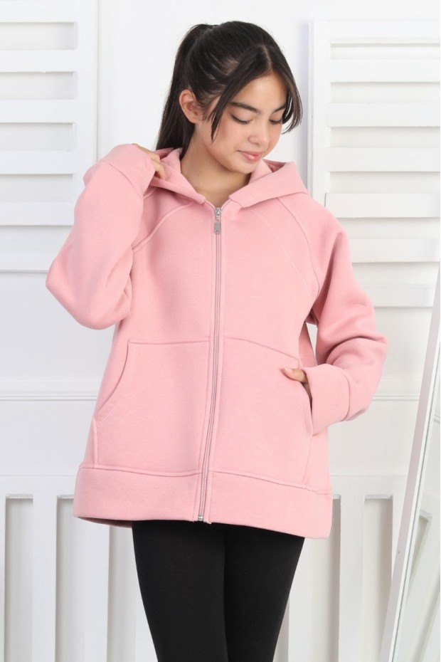 Üç İplik Şardonlu Kapşonlu Kız Çocuk Sweatshirt