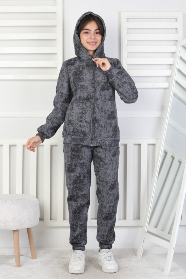 Üç İplik Fermuarlı Kapüşonlu Kız Çocuk Takım