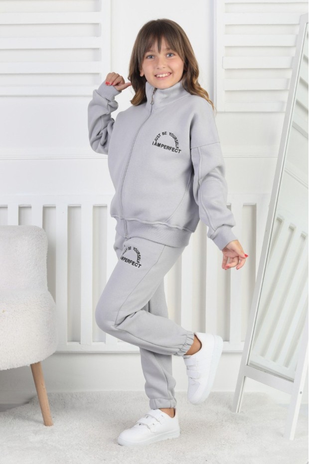 Üç İplik Fermuarlı Baskılı Kız Çocuk Takım