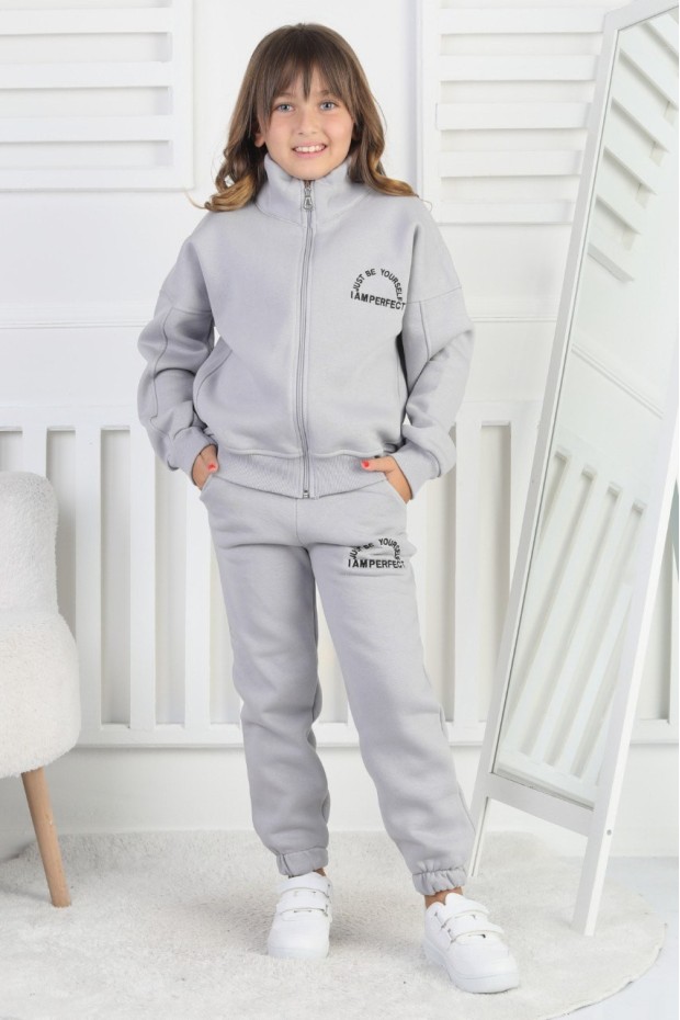 Üç İplik Fermuarlı Baskılı Kız Çocuk Takım