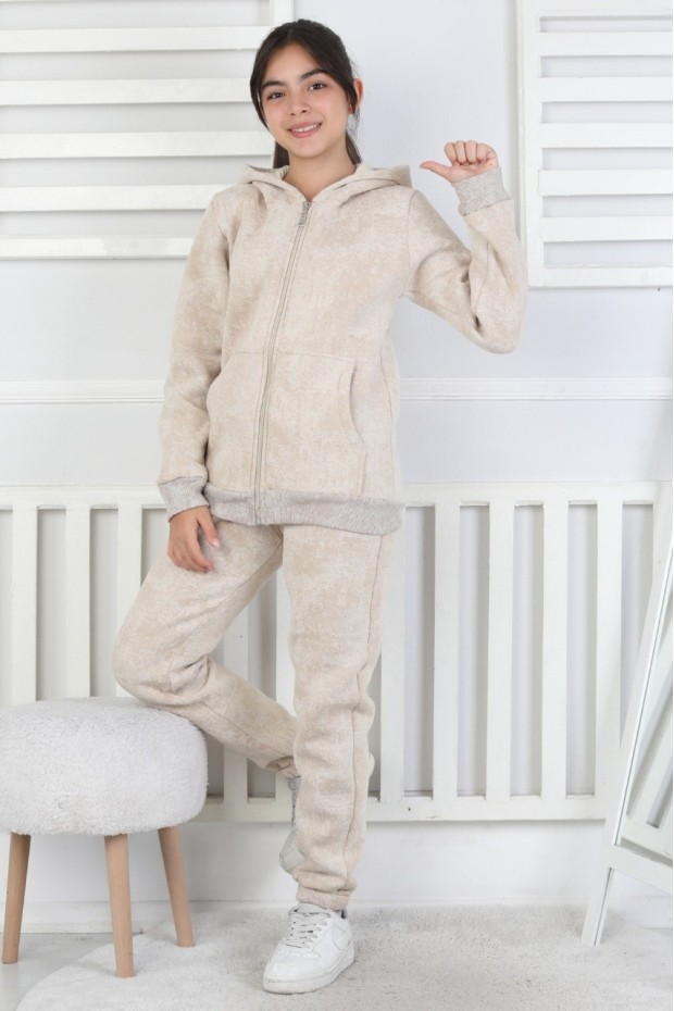 Üç İplik Fermuarlı Kapüşonlu Kız Çocuk Takım