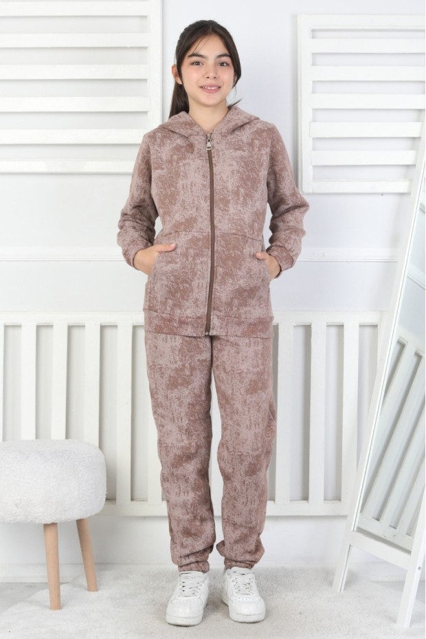 Üç İplik Fermuarlı Kapüşonlu Kız Çocuk Takım