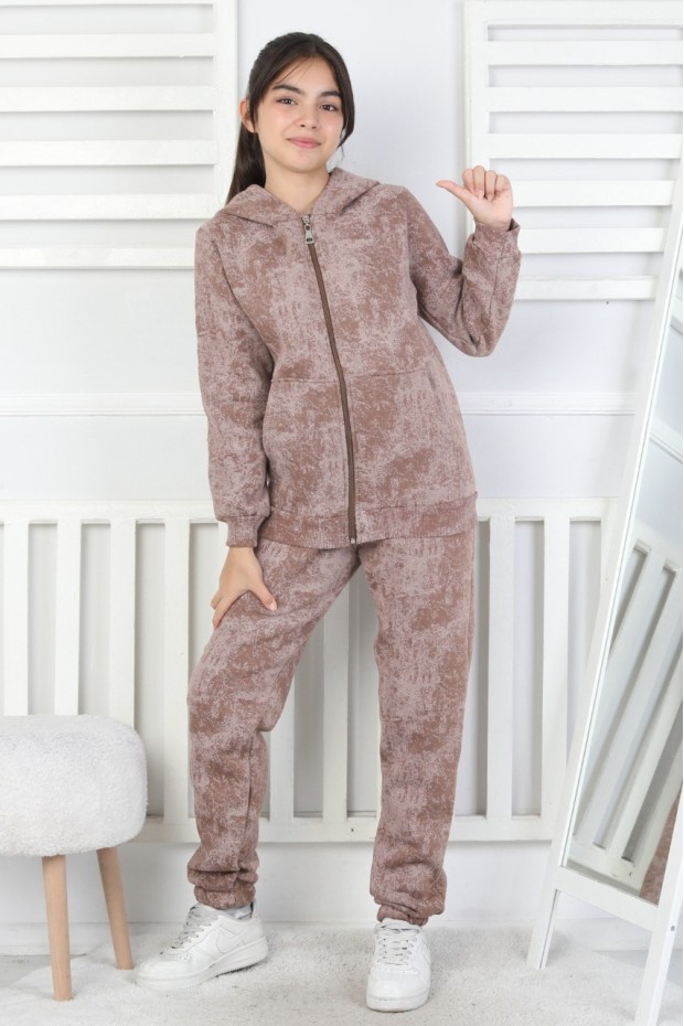 Üç İplik Fermuarlı Kapüşonlu Kız Çocuk Takım