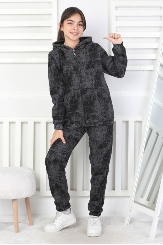 Üç İplik Fermuarlı Kapüşonlu Kız Çocuk Takım