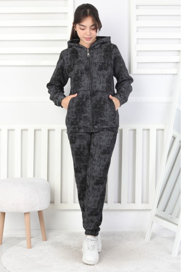 Üç İplik Fermuarlı Kapüşonlu Kız Çocuk Takım