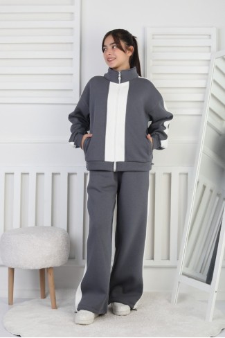 Üç İplik Şardonlu Çizgili Fermuarlı Kız Çocuk Takım