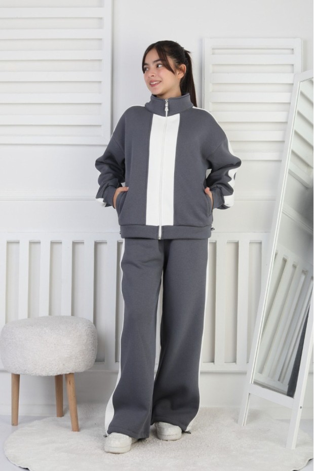 Üç İplik Şardonlu Çizgili Fermuarlı Kız Çocuk Takım