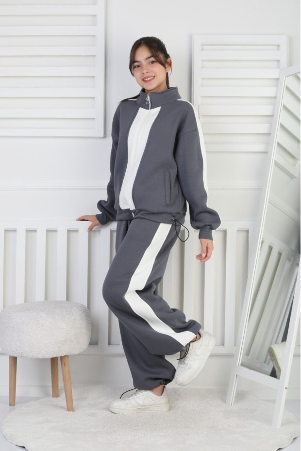 Üç İplik Şardonlu Çizgili Fermuarlı Kız Çocuk Takım