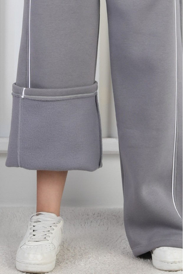 Üç İplik Şardonlu Bol Paça Tek Çizgi Kız Çocuk Eşofman Altı 