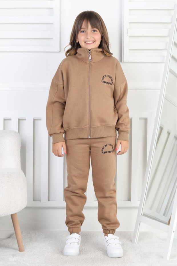 Üç İplik Fermuarlı Baskılı Kız Çocuk Takım