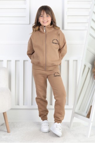 Üç İplik Fermuarlı Baskılı Kız Çocuk Takım