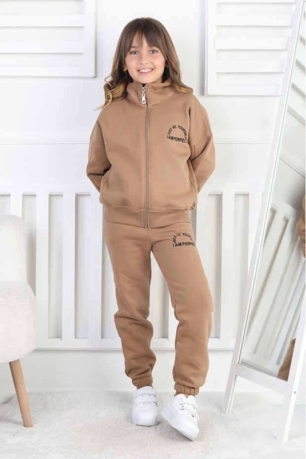 Üç İplik Fermuarlı Baskılı Kız Çocuk Takım