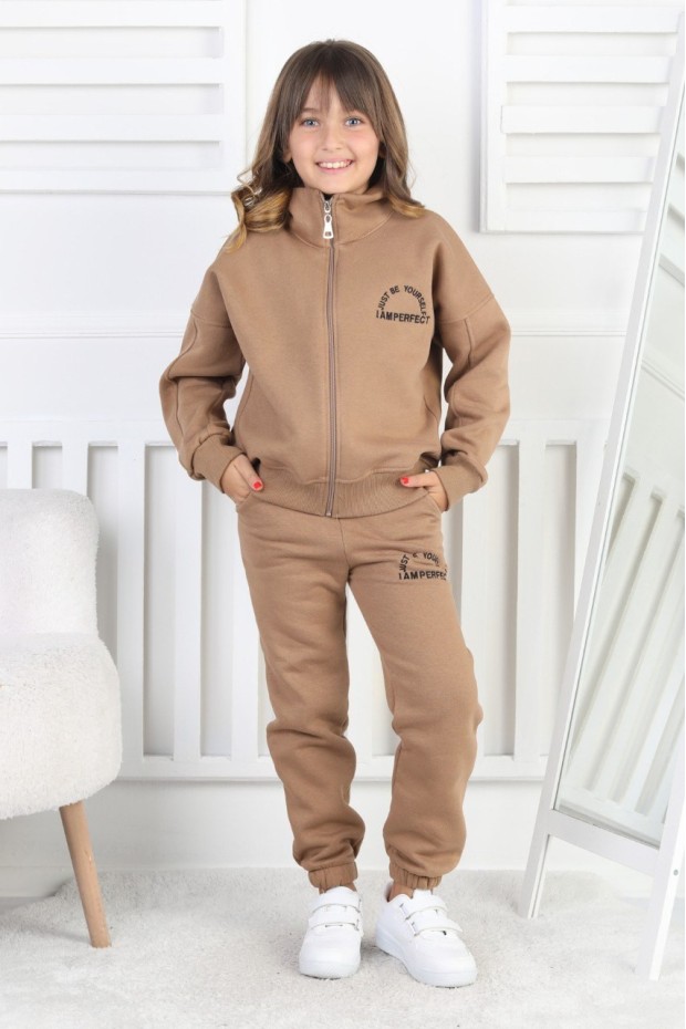 Üç İplik Fermuarlı Baskılı Kız Çocuk Takım