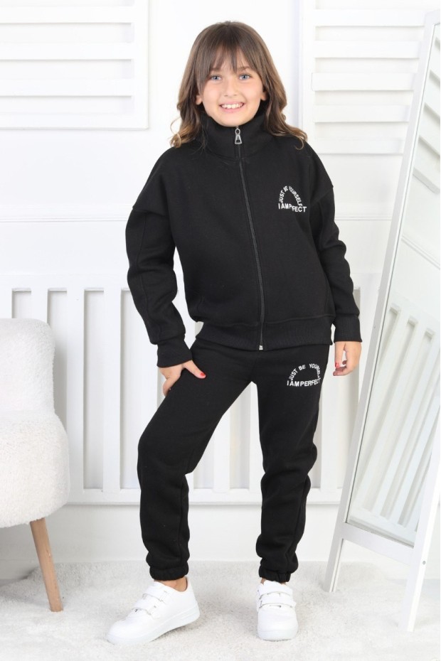 Üç İplik Fermuarlı Baskılı Kız Çocuk Takım