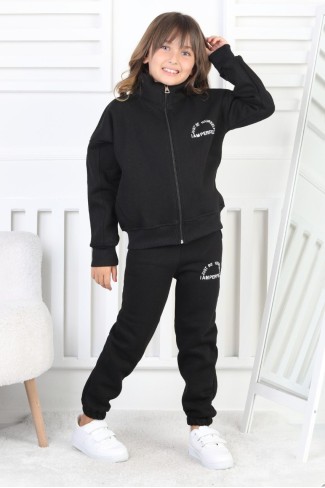 Üç İplik Fermuarlı Baskılı Kız Çocuk Takım