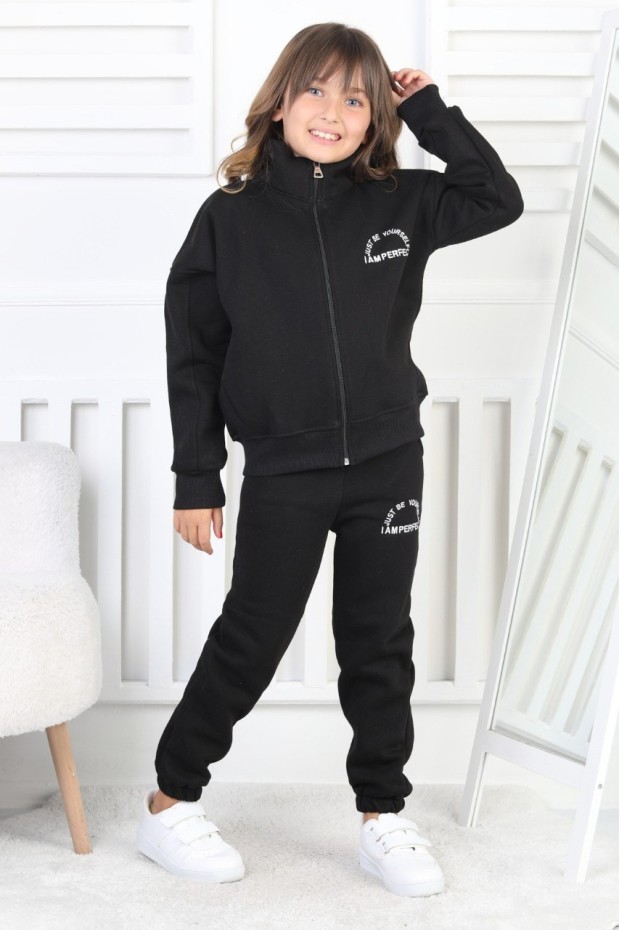 Üç İplik Fermuarlı Baskılı Kız Çocuk Takım