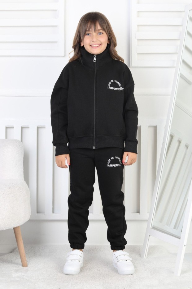 Üç İplik Fermuarlı Baskılı Kız Çocuk Takım