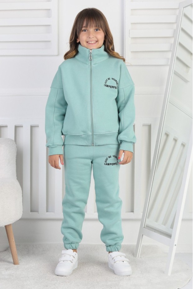 Üç İplik Fermuarlı Baskılı Kız Çocuk Takım