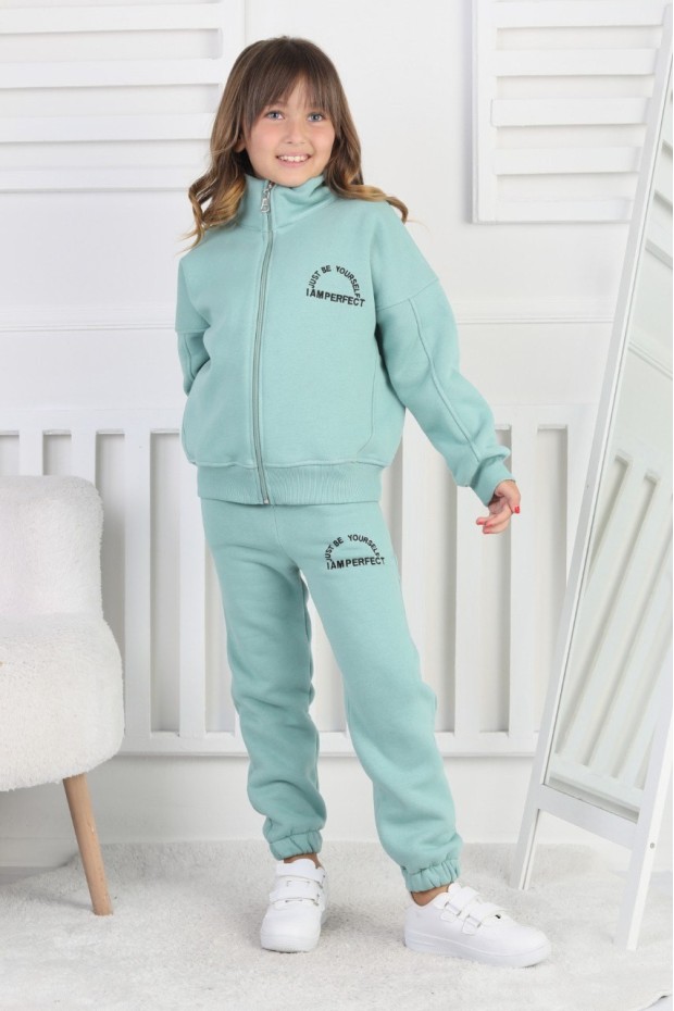 Üç İplik Fermuarlı Baskılı Kız Çocuk Takım