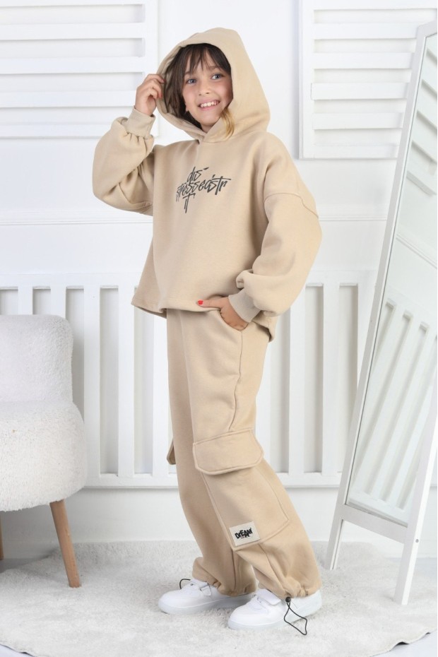 Üç İplik Baskılı Kapüşonlu Kız Çocuk Takım 