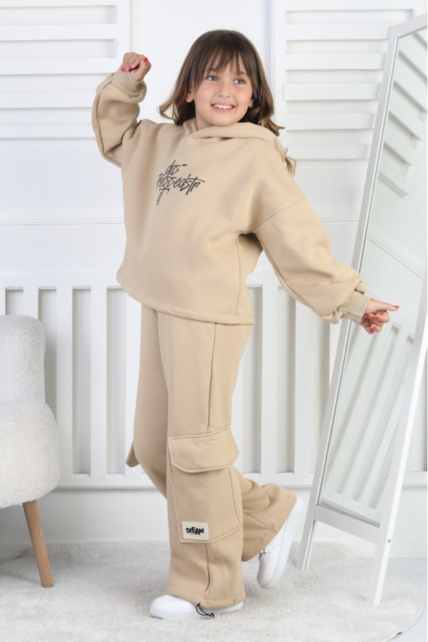 Üç İplik Baskılı Kapüşonlu Kız Çocuk Takım 