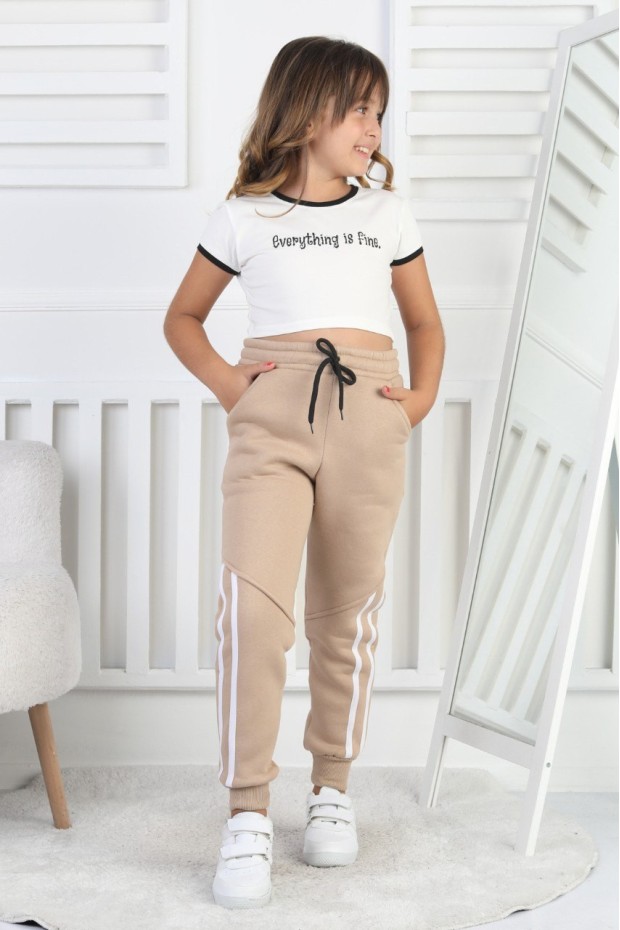 Üç İplik Şardonlu Dar Paça Kız Çocuk Eşofman Altı