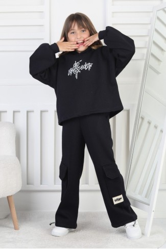 Üç İplik Baskılı Kapüşonlu Kız Çocuk Takım