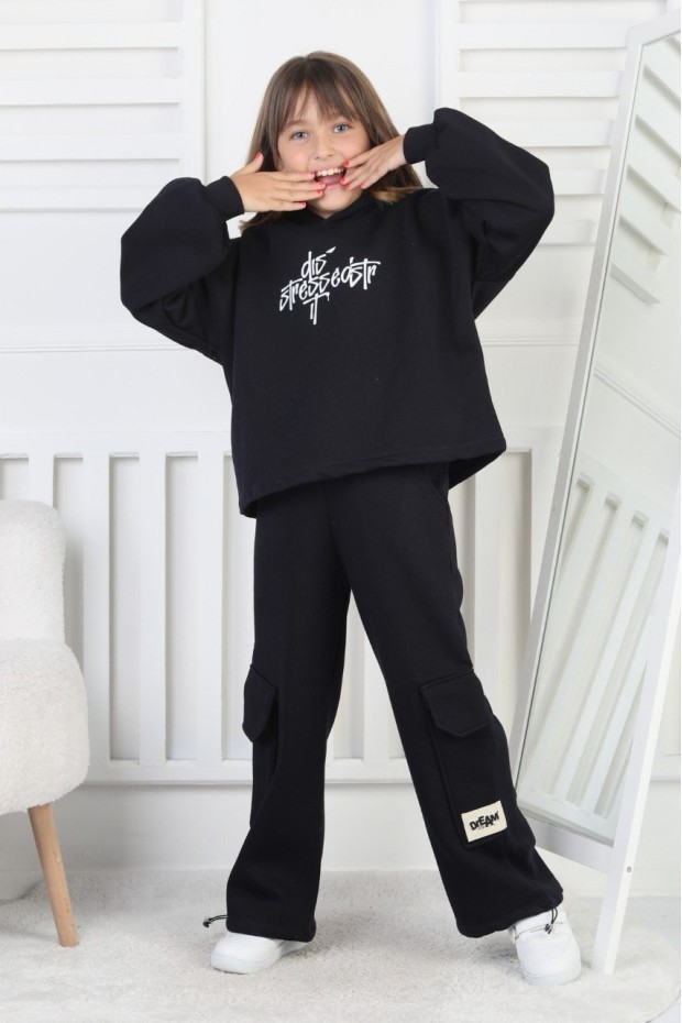 Üç İplik Baskılı Kapüşonlu Kız Çocuk Takım