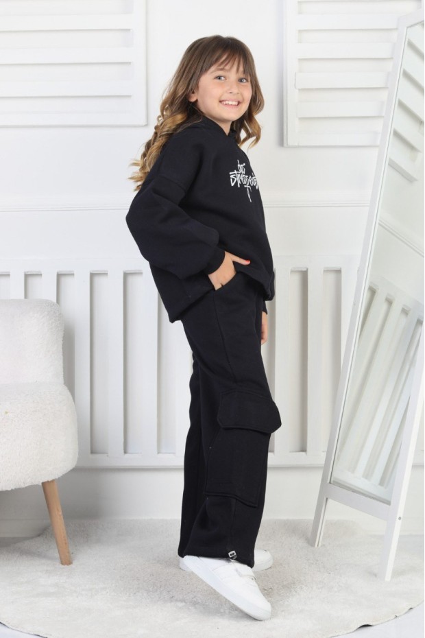 Üç İplik Baskılı Kapüşonlu Kız Çocuk Takım