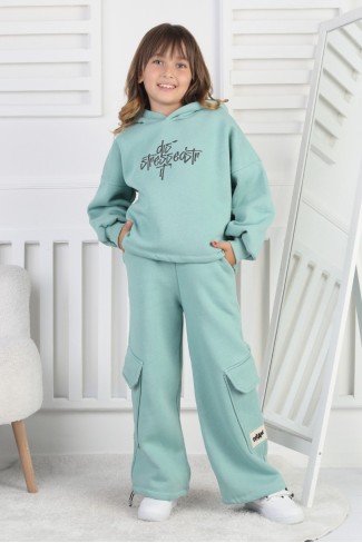 Üç İplik Baskılı Kapüşonlu Kız Çocuk Takım