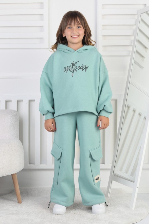 Üç İplik Baskılı Kapüşonlu Kız Çocuk Takım