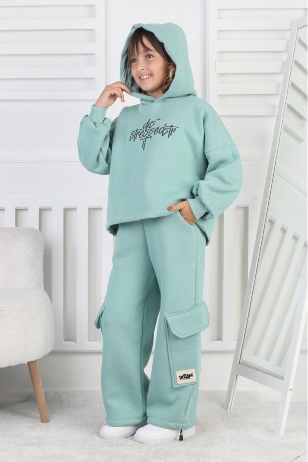 Üç İplik Baskılı Kapüşonlu Kız Çocuk Takım