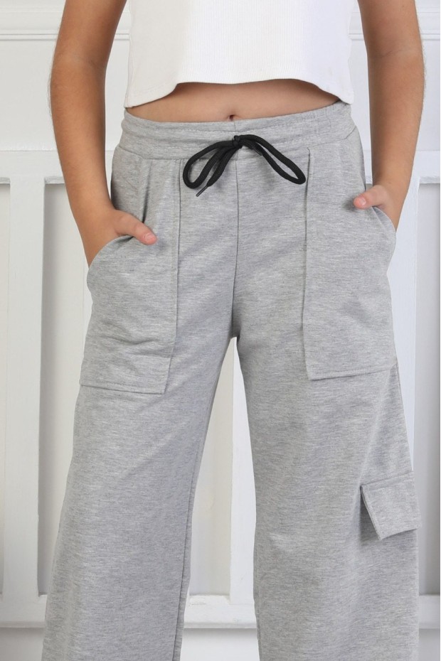 İki İplik Tek Paçası Kargo Çepli Kız Çocuk Eşofman Altı