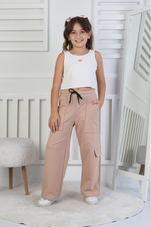 İki İplik Tek Paçası Kargo Çepli Kız Çocuk Eşofman Altı