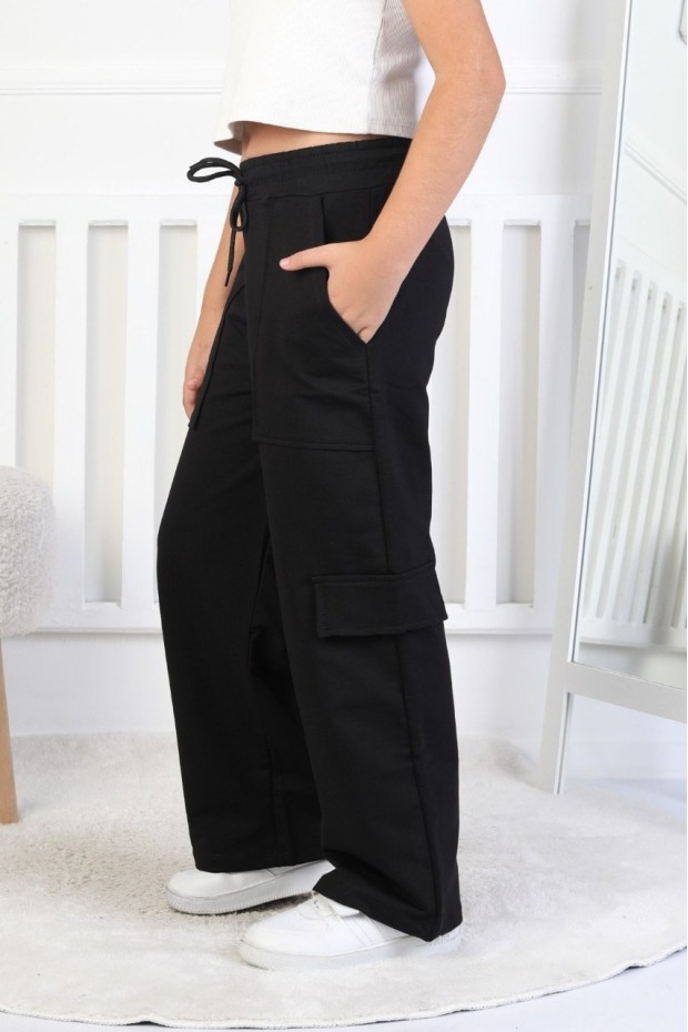 İki İplik Tek Paçası Kargo Çepli Kız Çocuk Eşofman Altı