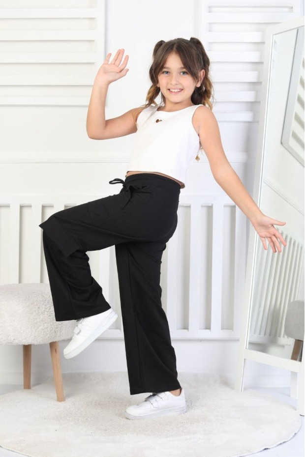 İki İplik Tek Paçası Kargo Çepli Kız Çocuk Eşofman Altı