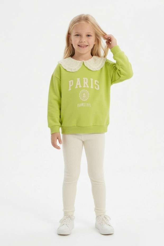 Kız Çocuk Fıstık Yeşili Paris Baskılı Dantel Yakalı Sweatshirt Fitilli Tayt Takımı 