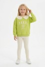 Kız Çocuk Fıstık Yeşili Paris Baskılı Dantel Yakalı Sweatshirt Fitilli Tayt Takımı 